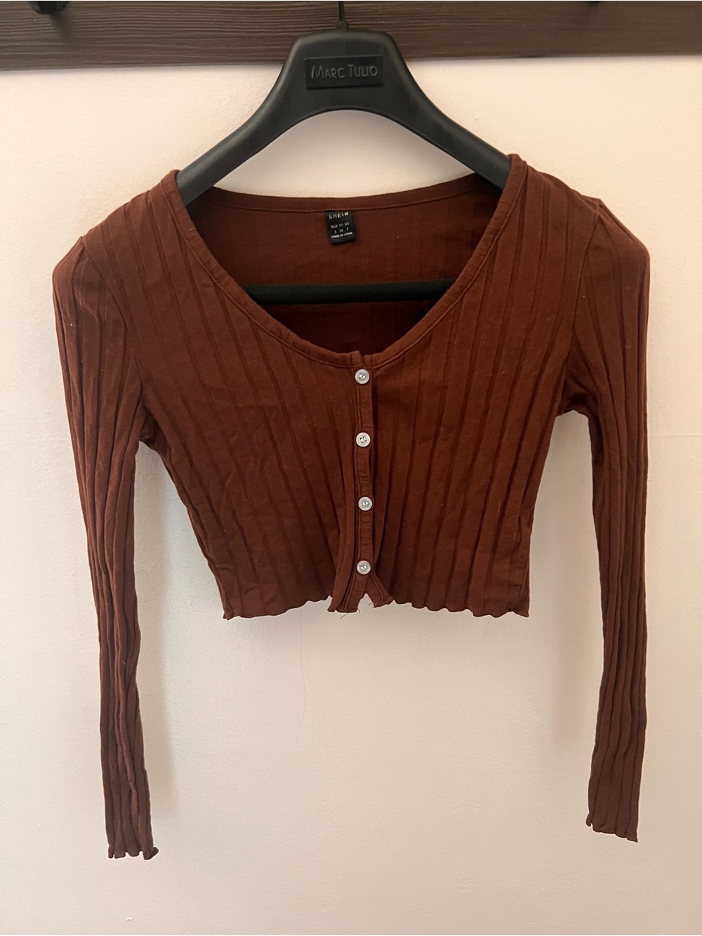 SHEIN Brown Ribbed Button-Front Cropped Long-Sleeve Top